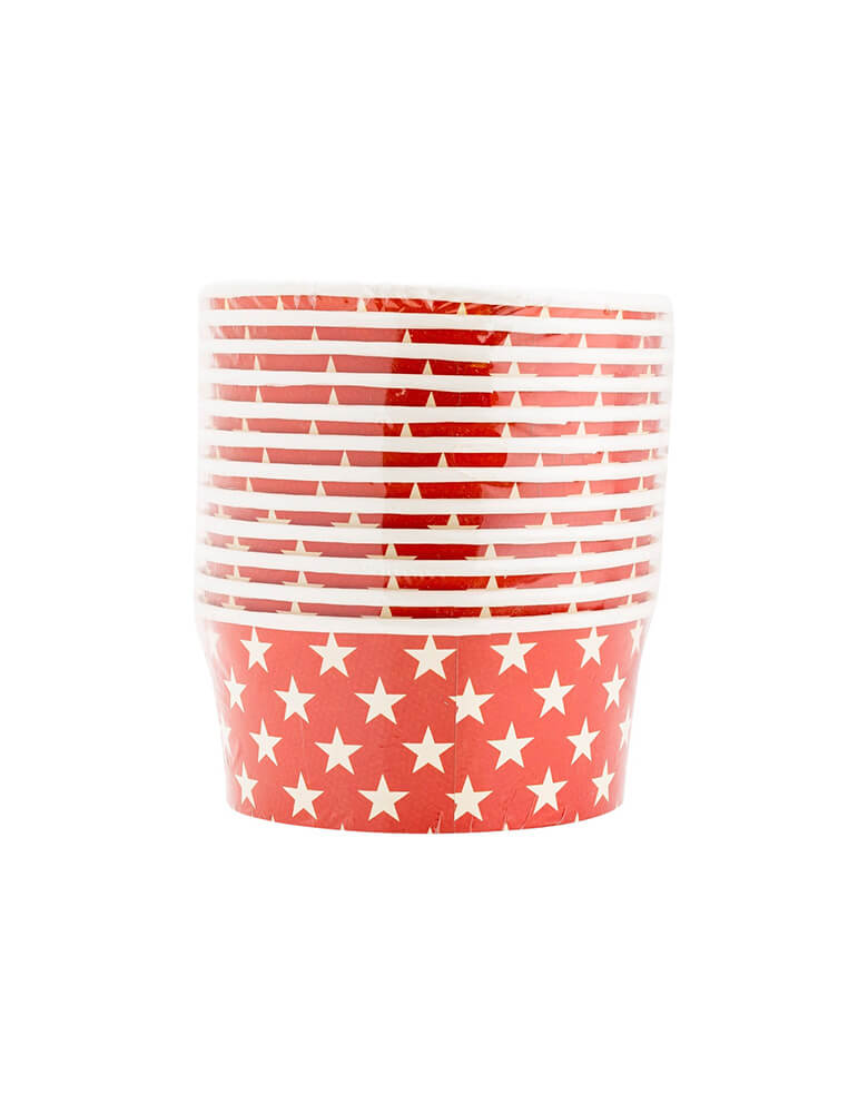 Momo Party's Hamptons Star Paper Sundae Cups by My Mind's Eye. Comes in a set of 12 cups, these red star cups are perfect for serving ice cream and adding a touch of whimsy to any patriotic celebration. Say "cheers" to summer with these unique sundae cups! They're perfect for a summer cookout party or a Fourth of July celebration!