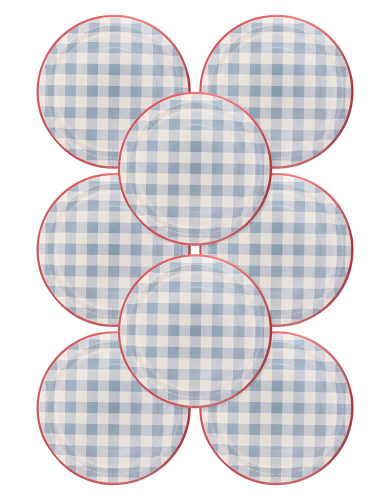 Momo Party's 10" Hamptons Chambray Gingham Paper Plates by My Mind's Eye. Comes in a set of 8 plates, featuring chambray gingham paper, these plates are both stylish and practical. Perfect for a fun and casual gathering, they'll make your food look as good as it tastes. They're perfect for a summer cookout party or a Fourth of July celebration.