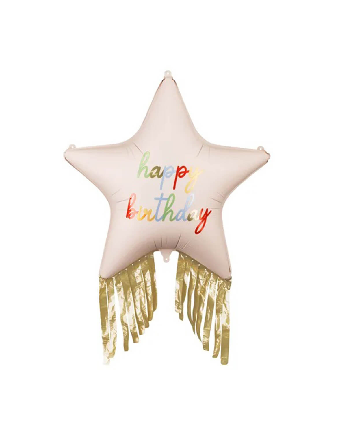 Momo Party's 28" blush Happy Birthday Star shaped Foil Balloon with gold Fringe by Party Deco on a white background.