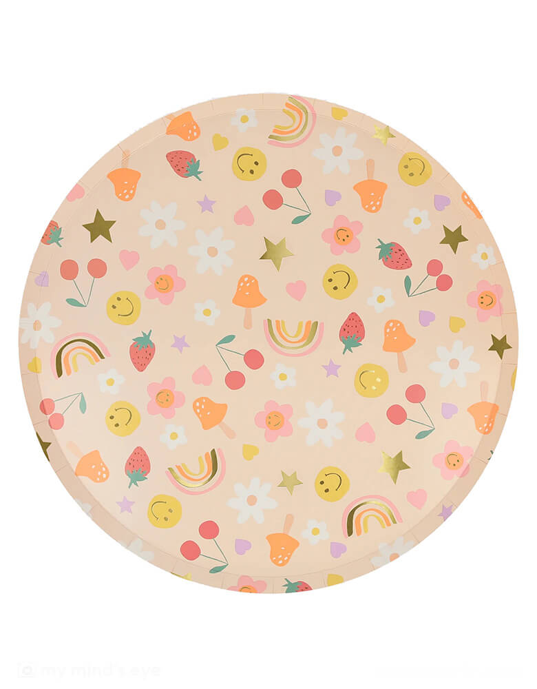 Momo Party's 10.25" happy face icons dinner plates by Meri Meri. Featuring 90's retro icons including smiley faces, mushrooms, rainbows, fruit, stars, hearts and flower power, these groovy dinner plates are perfect for any happy celebration be it a kid's birthday party or a fun family gathering.