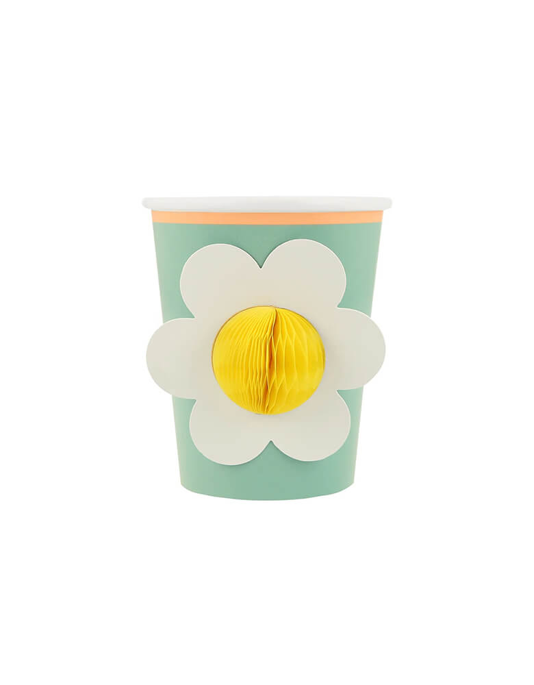 Momo Party's 9oz honeycomb Happy Icons Cups by Meri Meri. Comes in a set of 8 cups in 8 designs/colors - lilac, green, yellow, peach and shades of pink - with complementary colored borders, each cups features a 3D honeycomb designs including cherries, daisies, hearts and stars. These adorable cups are perfect for retro themed happy celebration!