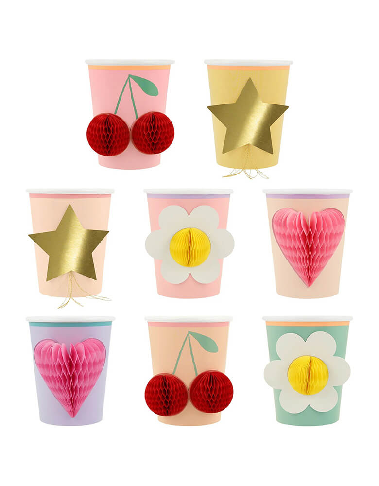 Momo Party's 9oz honeycomb Happy Icons Cups by Meri Meri. Comes in a set of 8 cups in 8 designs/colors - lilac, green, yellow, peach and shades of pink - with complementary colored borders, each cups features a 3D honeycomb designs including cherries, daisies, hearts and stars. These adorable cups are perfect for retro themed happy celebration!