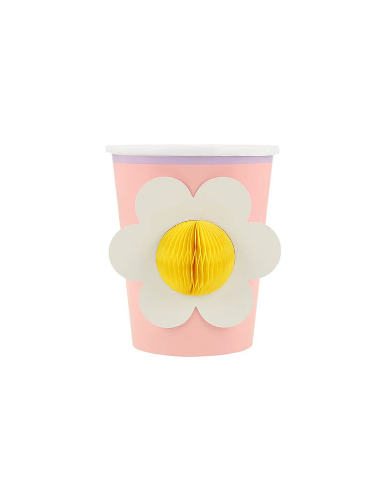 Momo Party's 9oz honeycomb Happy Icons Cups by Meri Meri. Comes in a set of 8 cups in 8 designs/colors - lilac, green, yellow, peach and shades of pink - with complementary colored borders, each cups features a 3D honeycomb designs including cherries, daisies, hearts and stars. These adorable cups are perfect for retro themed happy celebration!