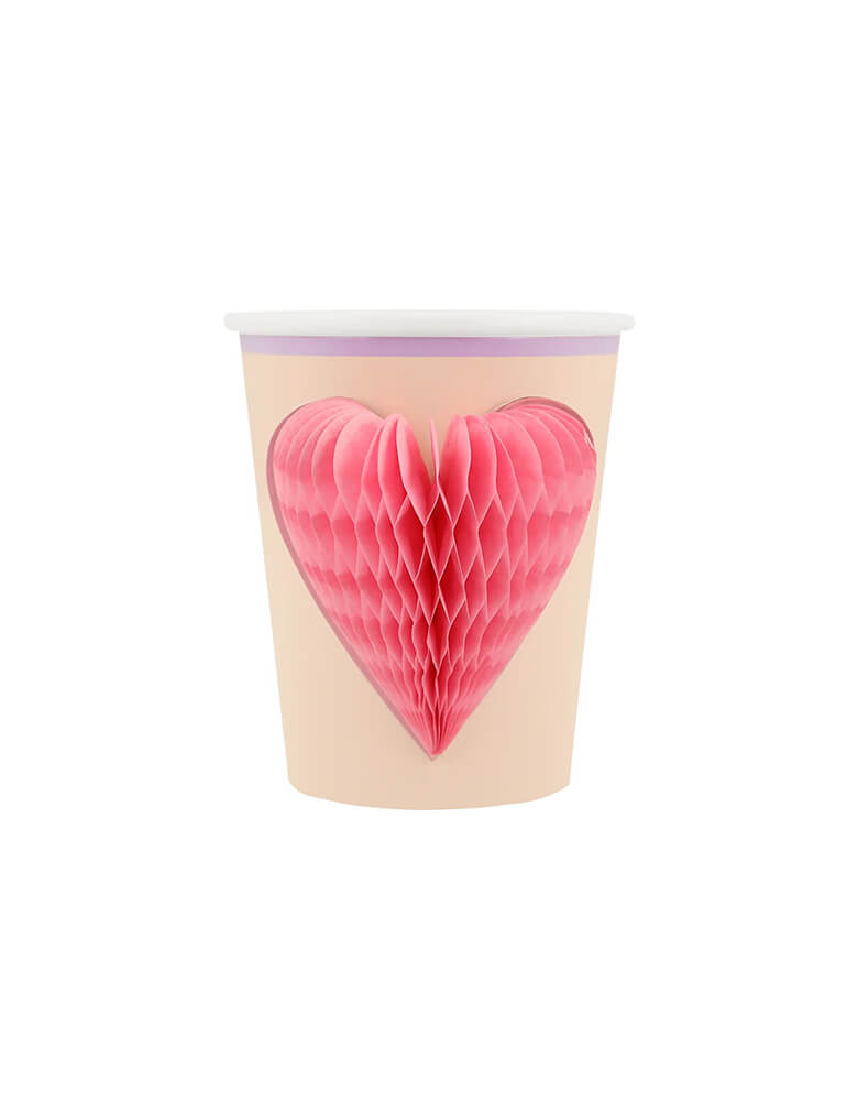 Momo Party's 9oz honeycomb Happy Icons Cups by Meri Meri. Comes in a set of 8 cups in 8 designs/colors - lilac, green, yellow, peach and shades of pink - with complementary colored borders, each cups features a 3D honeycomb designs including cherries, daisies, hearts and stars. These adorable cups are perfect for retro themed happy celebration!