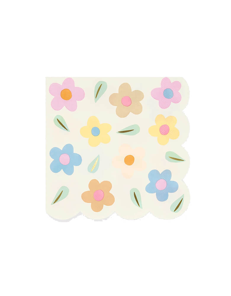 Momo Party's 6.5 x 6.5 inches happy flower large napkins by Meri Meri. Comes in a set of 8 plates, the 90s flower designs are back on-trend. The mixed pastel colors and wavy borders make these napkins something very special indeed. Perfect for birthdays, garden parties, picnics or wherever you want a fabulous floral effect.