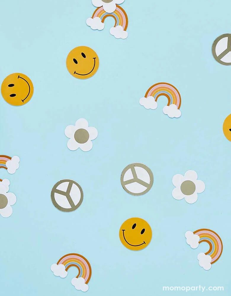 Momo Party's Groovy Gold Foil Table Scatter by Hooty Balloo. Featuring daisies, smiley faces and rainbows, this fun table scatter is perfect to set a scene for a retro hippie inspired celebration, be it a "Groovy One" first birthday party or a "Two Groovy" second birthday party.