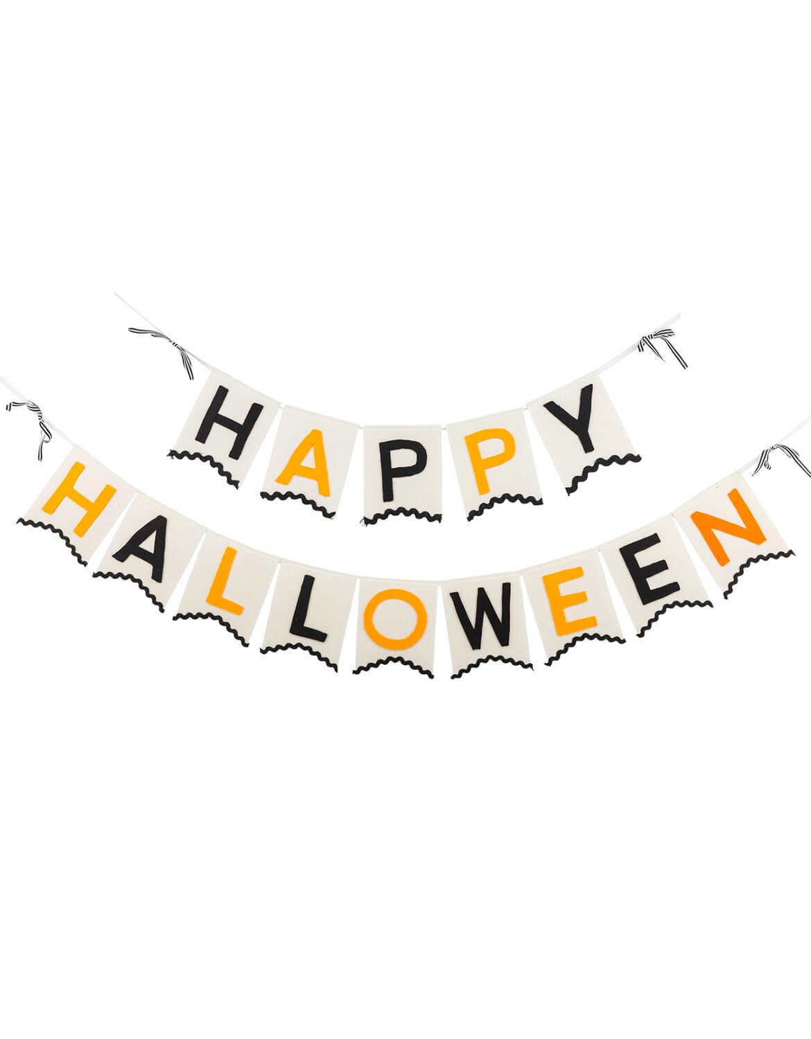 Momo Party's Halloween 6ft banner garland with triangular pennants spelling 'HAPPY HALLOWEEN' in black and orange lettering by My Mind's Eye on a white background, suspended on a white string.