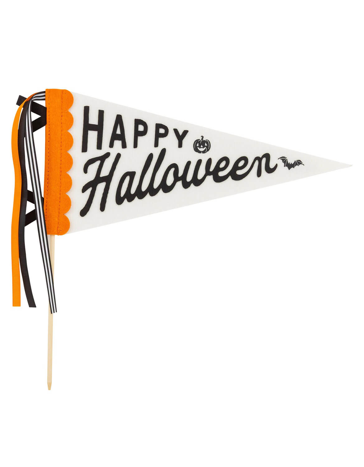 Momo Party's white felt pennant flag with 'HAPPY Halloween' written in black script, decorated with an orange scalloped border, black and orange tassels, and a wooden stick by My Mind's Eye, shown on a plain white background.