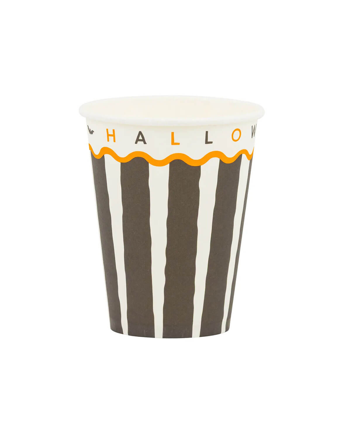 Momo Party's 12oz paper party cup with vertical black and white stripes, an orange wavy line, and the word 'Happy Halloween' printed on the rim by My Mind's Eye, shown on a plain white background.