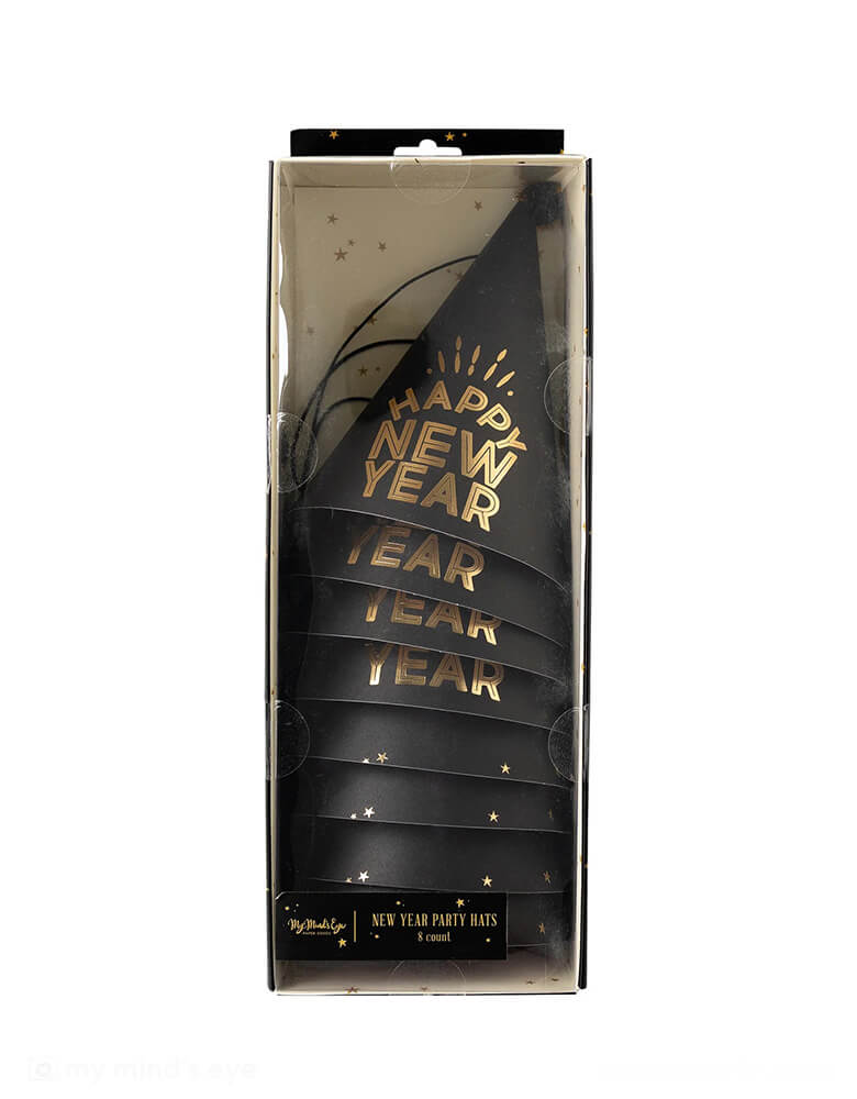 Momo Party's 6.5" Happy New Year party hats by My Mind's Eye. Comes in a set of 8 party hats, these black party hats with shimmering gold stars in the back and "happy new year" in the front are perfect for your new year's eve countdown celebration.