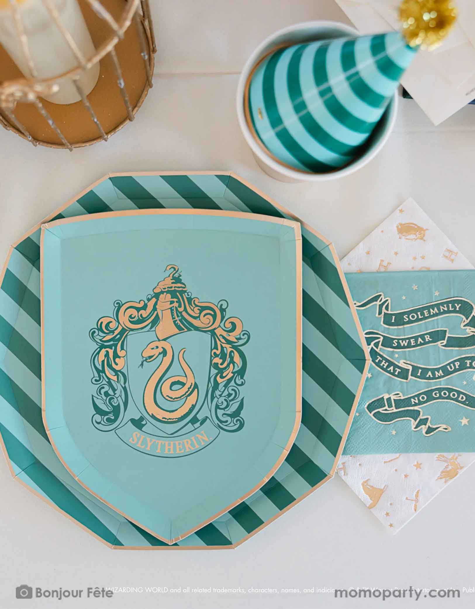 A beautiful and modern Harry Potter themed party tablescape features Momo Party's Harry Potter house pride shield-shaped 7" side plate with Slytherin logo and color paired with 10.25 green striped dinner plate. Next to the plates are Harry Potter motif large napkins in gold foil and Slytherin green small napkins. On the table there are some letters from Hogwarts, a bird cage for an owl and a green striped party hat - making this a great inspo for a modern Harry Potter themed birthday party celebration.