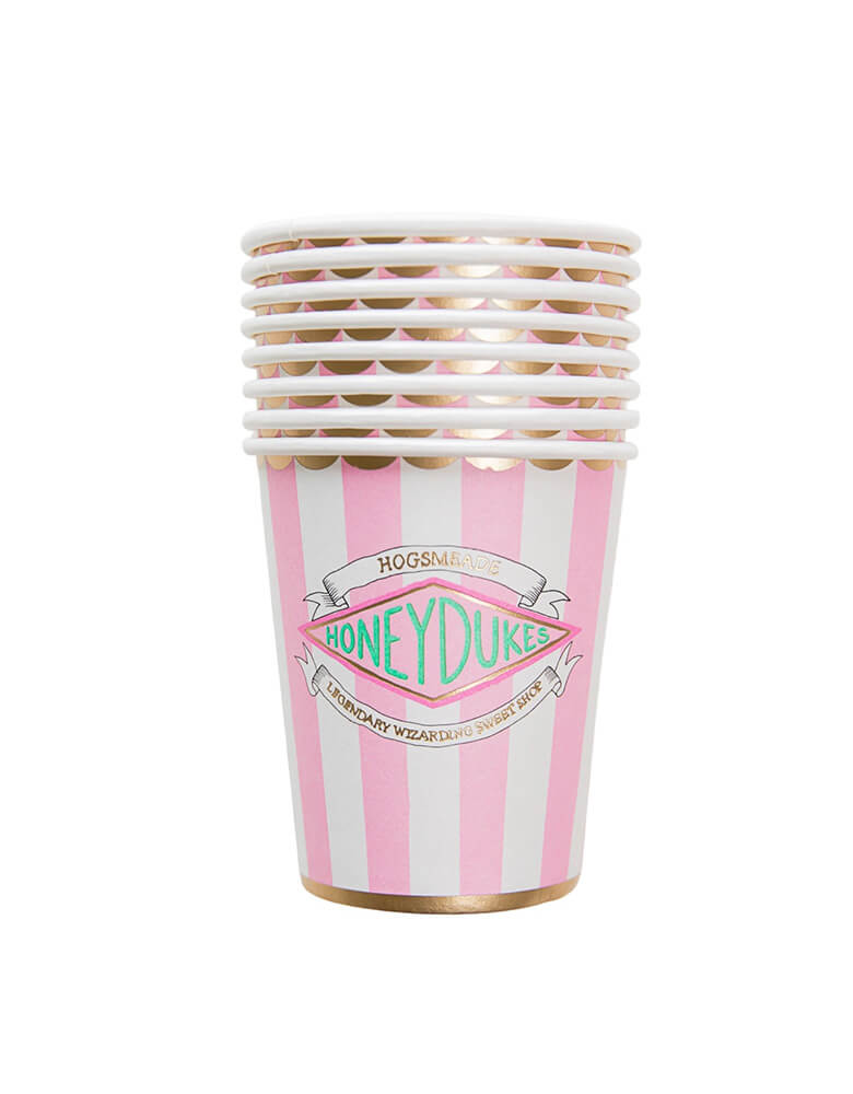 Momo Party's 9 oz Harry Potter Honeydukes Cups by Bonjour Fete. Comes in a set of 8 cups, these pink striped cups with Honeydukes' logo on them are perfect additions to your kid's Harry Potter themed celebration. Get ready for a magical birthday bash with these funky pink stripe cups that will make your little wizard's party pop!