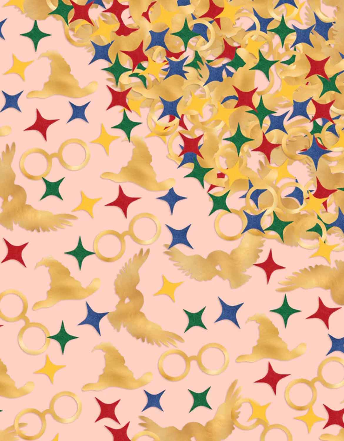 Momo Party's Wizard Party Foil Confetti featuring Harry Potter themed designs including starburst in red, green, yellow and red, glasses, sorting hats and owls, on a beige background.