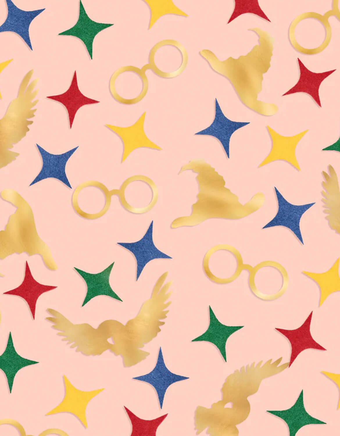 Momo Party's Wizard Party Foil Confetti featuring Harry Potter themed designs including starburst in red, green, yellow and red, glasses, sorting hats and owls, on a beige background.