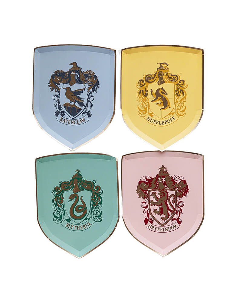 Momo Party's 7" Harry Potter House Pride Small Plates by Bonjour Fete. Comes in a set of 8 shield-shaped paper plates in 4 colors/designs each represent the color and symbol of the houses including Hufflepuff, Gryffindor, Slytherin and Ravenclaw. These plates are prefect for your Harry Potter themed celebration, be it a birthday party, a Halloween bash or a magic themed gathering.