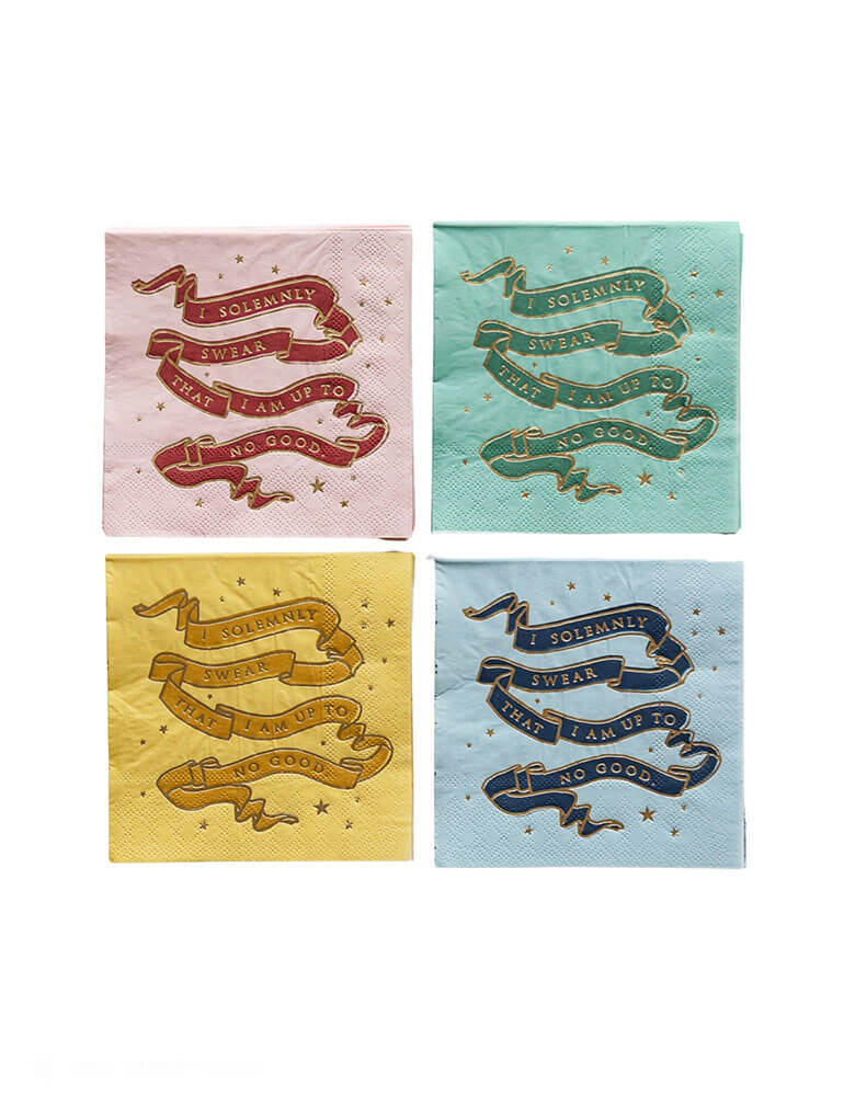 Momo Party's 5" Harry Potter House Pride Small Party Napkins by Bonjour Fete. Comes in 24 napkins in 4 colors/designs for each of the Harry Potter House: Hufflepuff, Ravenclaw, Gryffindor and Slytherin. Add a touch of magic to any gathering with these Harry Potter themed small napkins! Not only will they add excitement and charm to your event, but they also make for easy clean-up. No spells required!