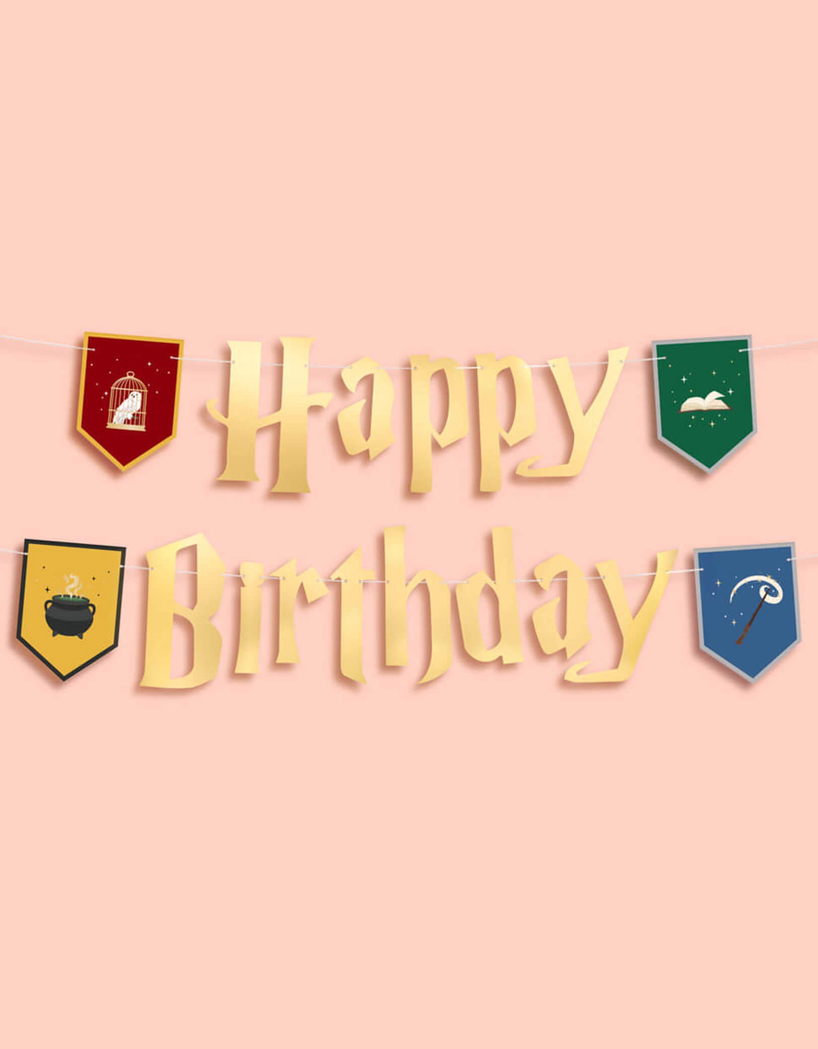 Momo Party's 5' Harry Potter themed Wizard Birthday Party Banner by Xo, Fetti. Inspired by the Hogwarts in Harry Potter, this party banner features "Happy Birthday" letters with red, green, blue and yellow Harry Potter colored house crest shaped pendants with designs of an owl, a wand, a spell book, and a cauldron. It's perfect for kid's Harry Potter themed birthday party!