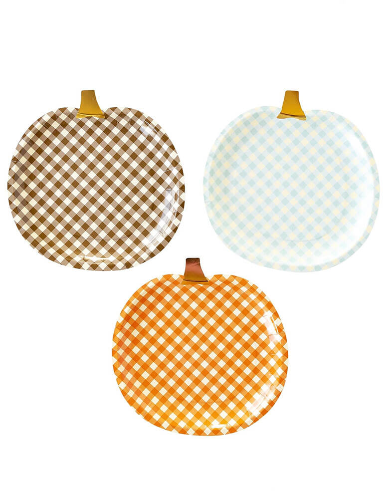 Momo Party's 8" gingham patterned pumpkin shaped plates by My Mind's Eye. Harvest in style with this set of 9 gingham pumpkin-shaped paper plates! Comes in a set of 3 different colors including orange, brown, and light blue, these plates are perfect for any fall-themed get-together, friendsgiving party, this set is sure to make your harvest season a hit.