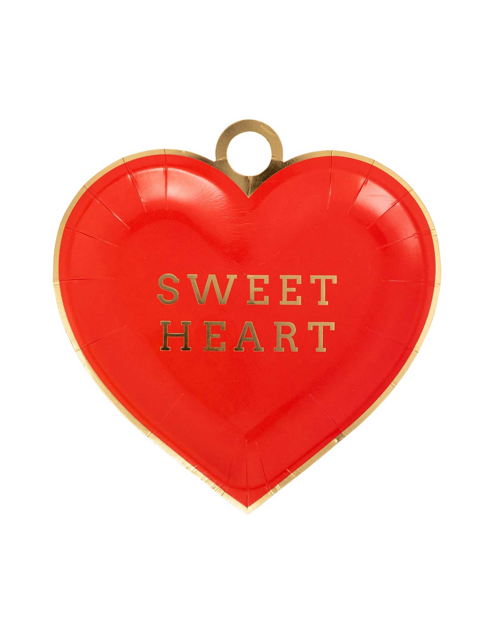 Momo Party's 8" red Heart Charm Shaped Plate with 'SWEET HEART' text on it, by My Mind's Eye, on a white background.