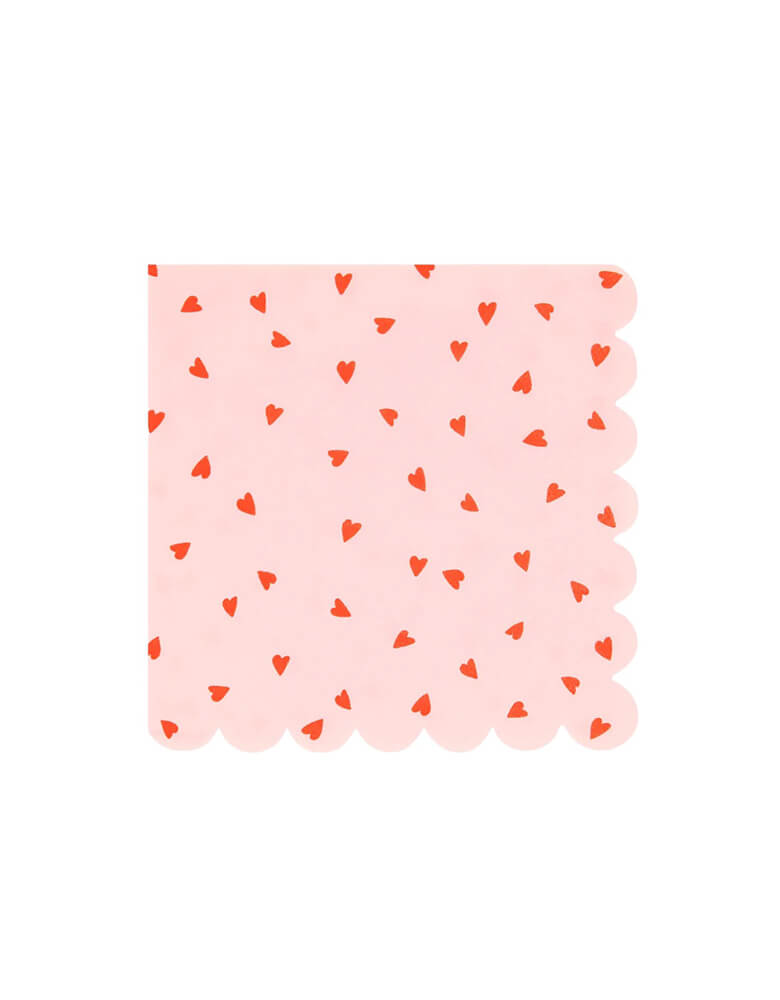 Momo Party's 6.5.x 6.5 inches heart pattern pink large napkins by Meri Meri. This set of 16 features a playful red heart design with sweet pink napkins and a charming scallop edge. Perfect for Valentine's Day or Galentine's Day or any day you want to show some love!