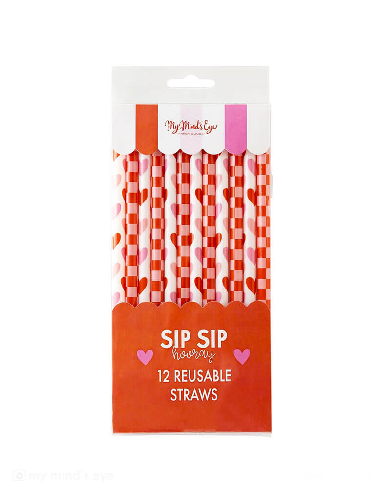 Momo Party's Heart You Reusable Straws by My Mind's Eye. Comes in a set of 12 plastic straws, these reusable straws feature a fun mix of pink and red hearts and checks, making them perfect for a Valentine's Day party or Galentine's Day celebration, or any occasion!