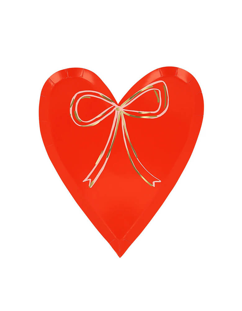 Momo Party's 7.5" x 8.5" Heart With Bow Plates in red by Meri Meri. With shiny gold foil details, these plates are perfect for a sweet Valentine's Day celebration.