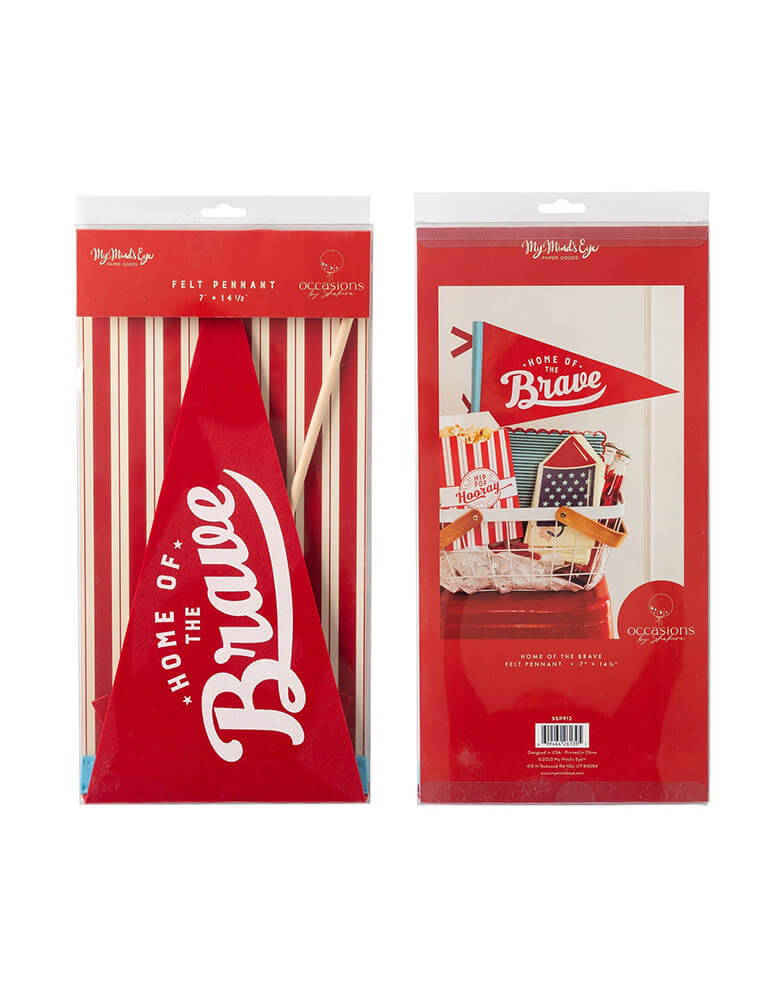 A packaging picture with Momo Party's SSP912 - OCCASIONS BY SHAKIRA - HOME OF THE BRAVE FELT PENNANT BANNER by My Mind's Eye. Featuring a "Home of the Brave" text on the red felt banner, Celebrate the home of the brave from Memorial Day to the Fourth of July with this festive pennant! This felt pennant is the perfect accent to tabletop decor at your summertime cookouts.