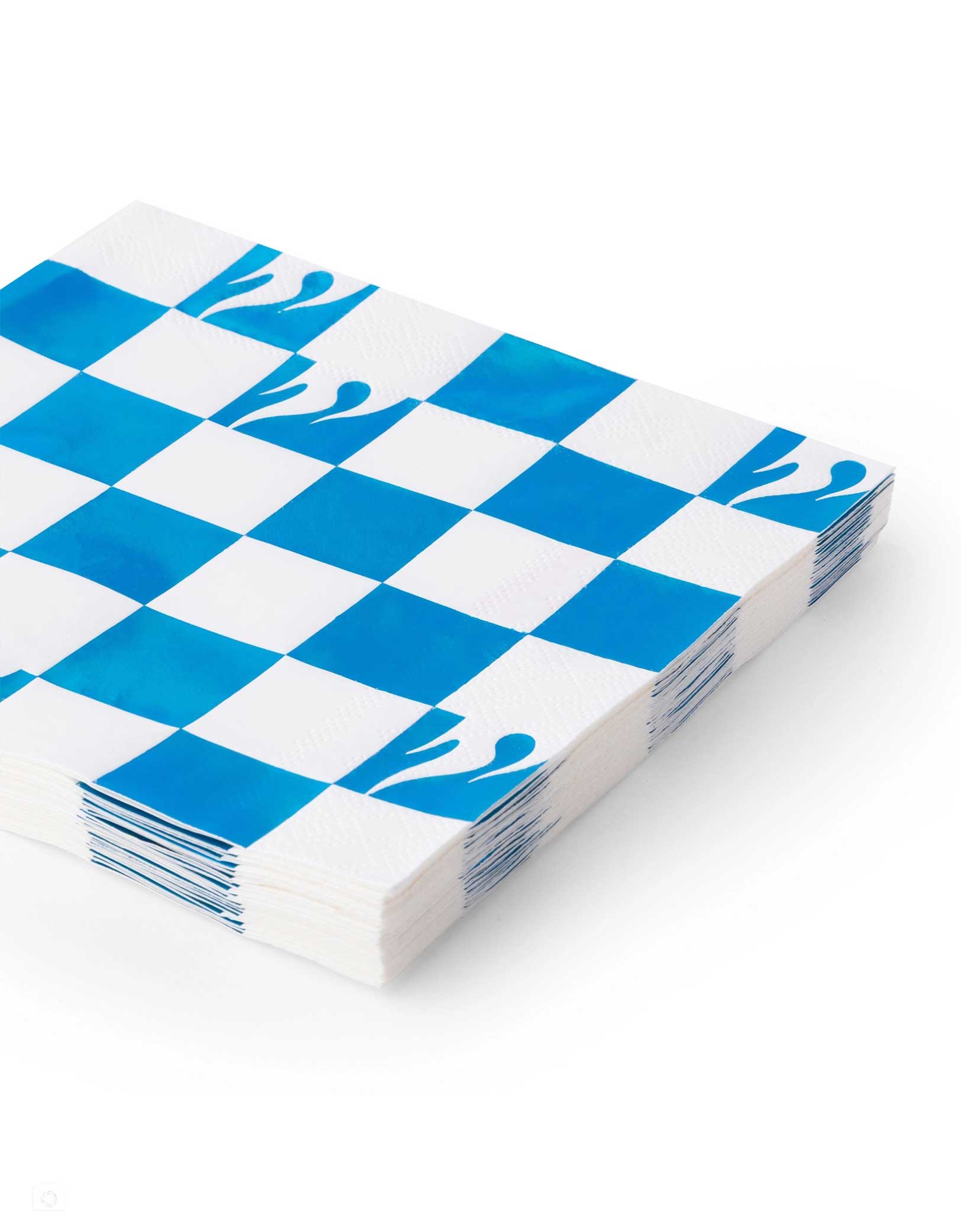 A stack of Momo Party's 6.5" Hot Wheels™ Blue Foil Checker Large Napkins with blue and white squares and flame designs on a white background.