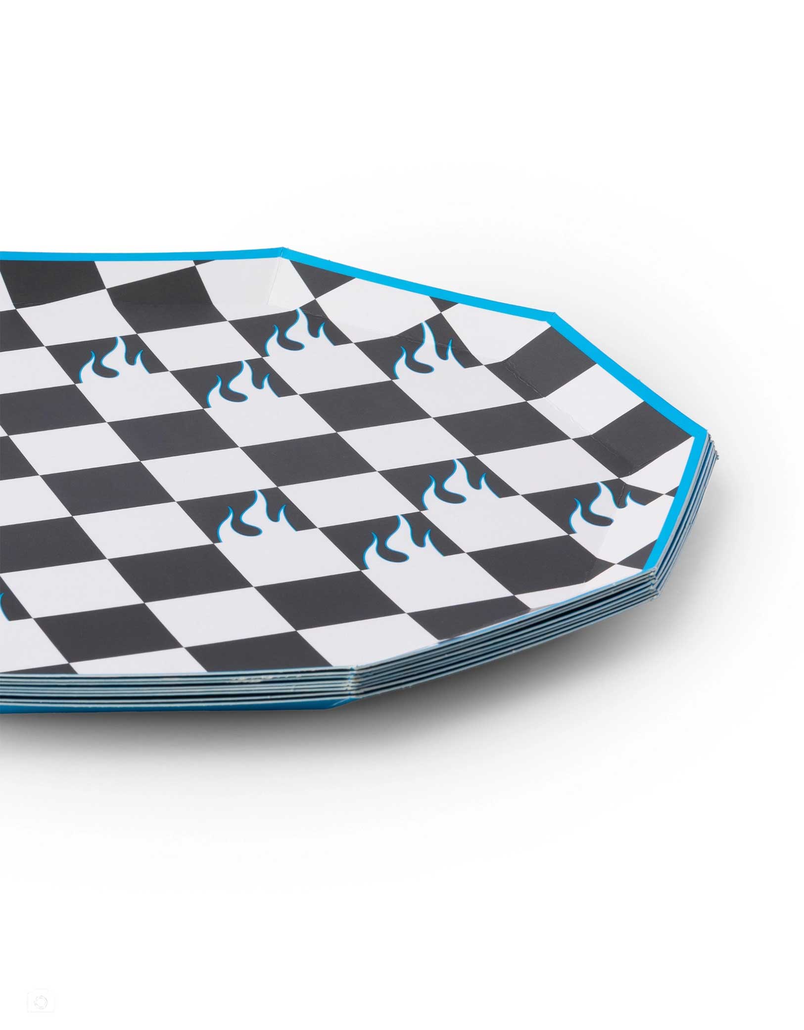 A stack of Momo Party's 10.75" Hot Wheels inspired checkered plates with flames and blue edge on a white background.