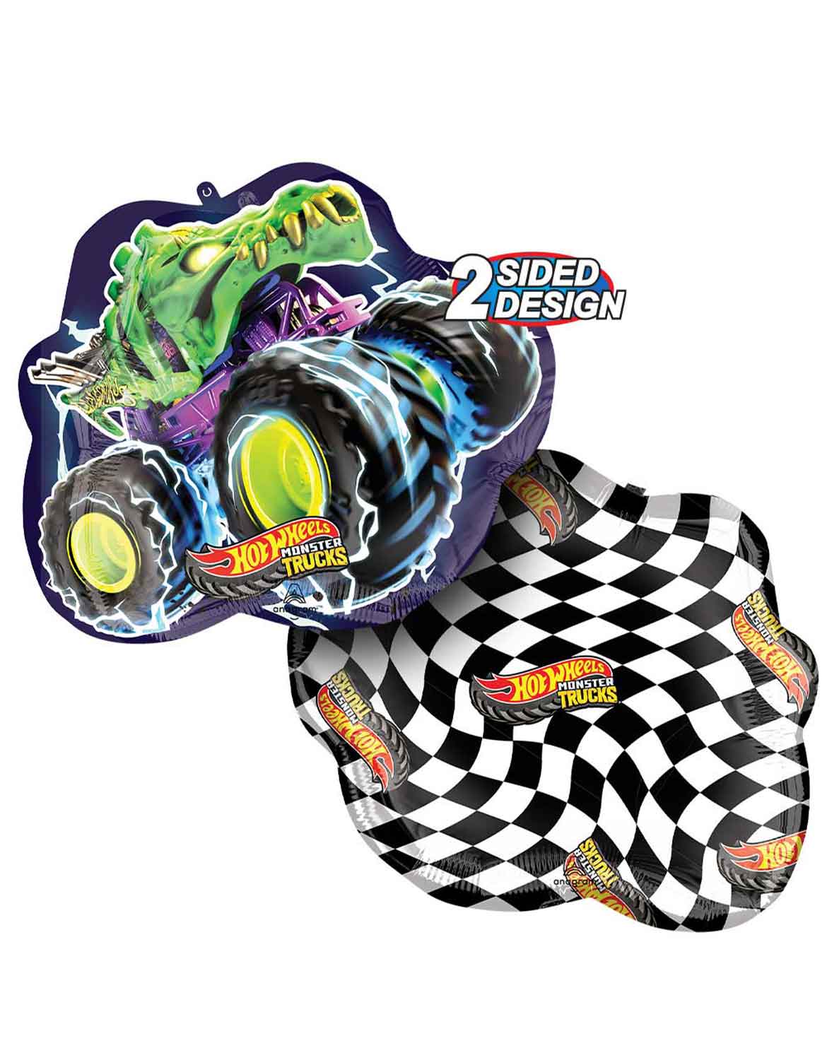 Two-sided design of Momo Party's 23" official licensed Hot Wheels Monster Trucks shaped foil balloon by Anagram with a dinosaur on one side and a checkered pattern on the other, on a white background.