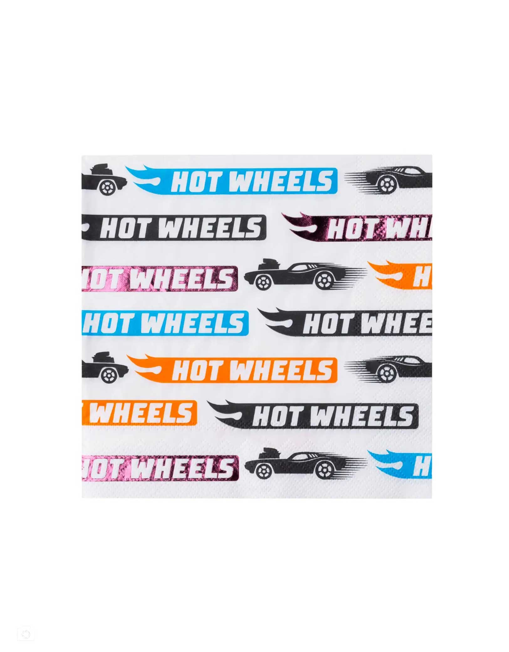 Momo Party's 6.5" Hot Wheels logo in multiple colors of blue, orange and black patterned napkins by Bonjour Fete on a white background.