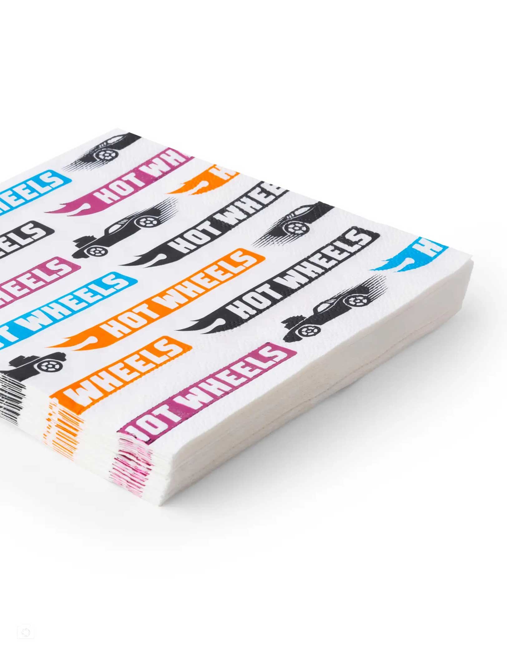 A stack of Momo Party's 6.5" Hot Wheels logo in multiple colors of blue, orange and black patterned napkins by Bonjour Fete on a white background.