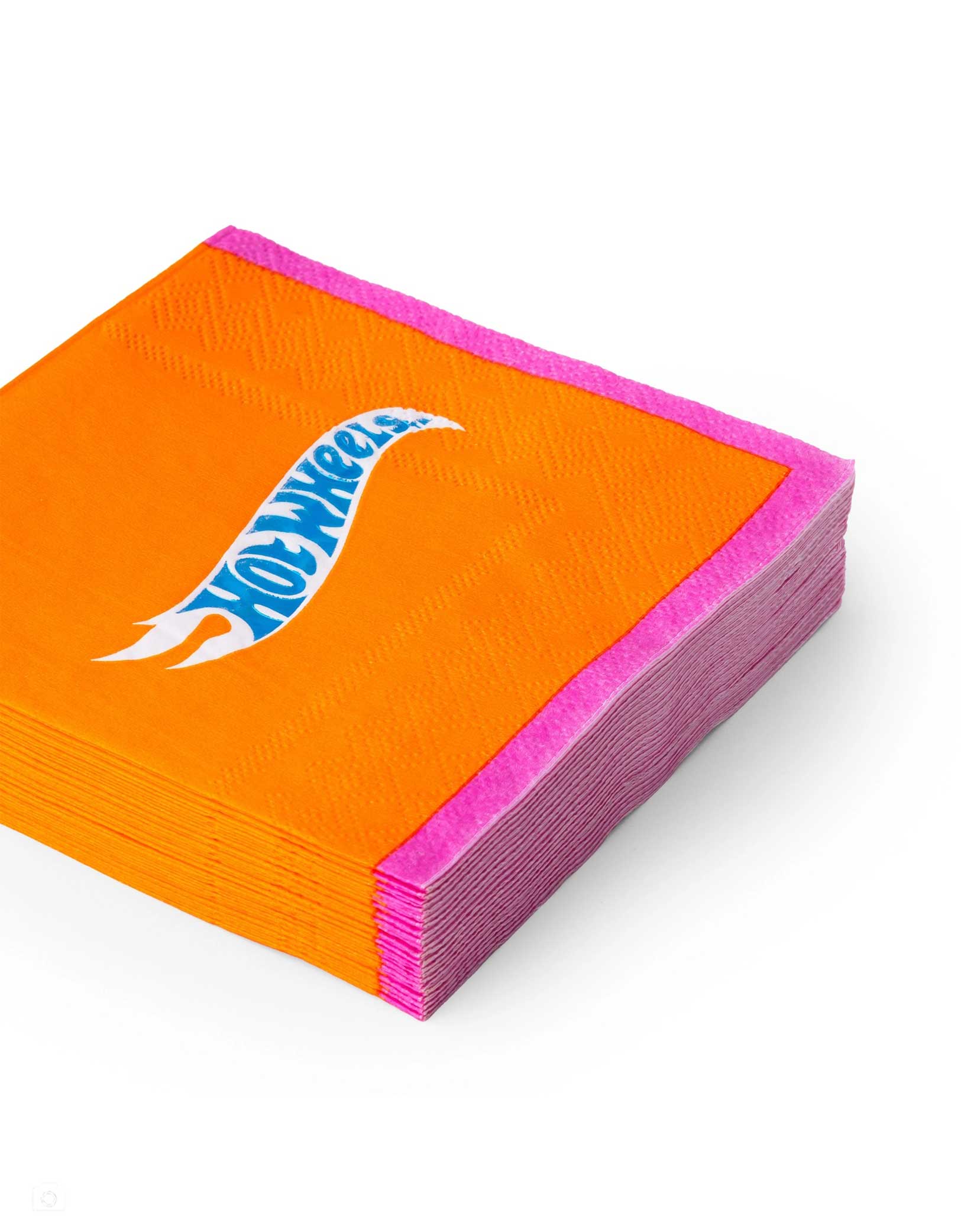 A stack of Momo Party's Hot Wheels™ 6.5" Orange Small Napkins with Hot Wheels logo on a white background.