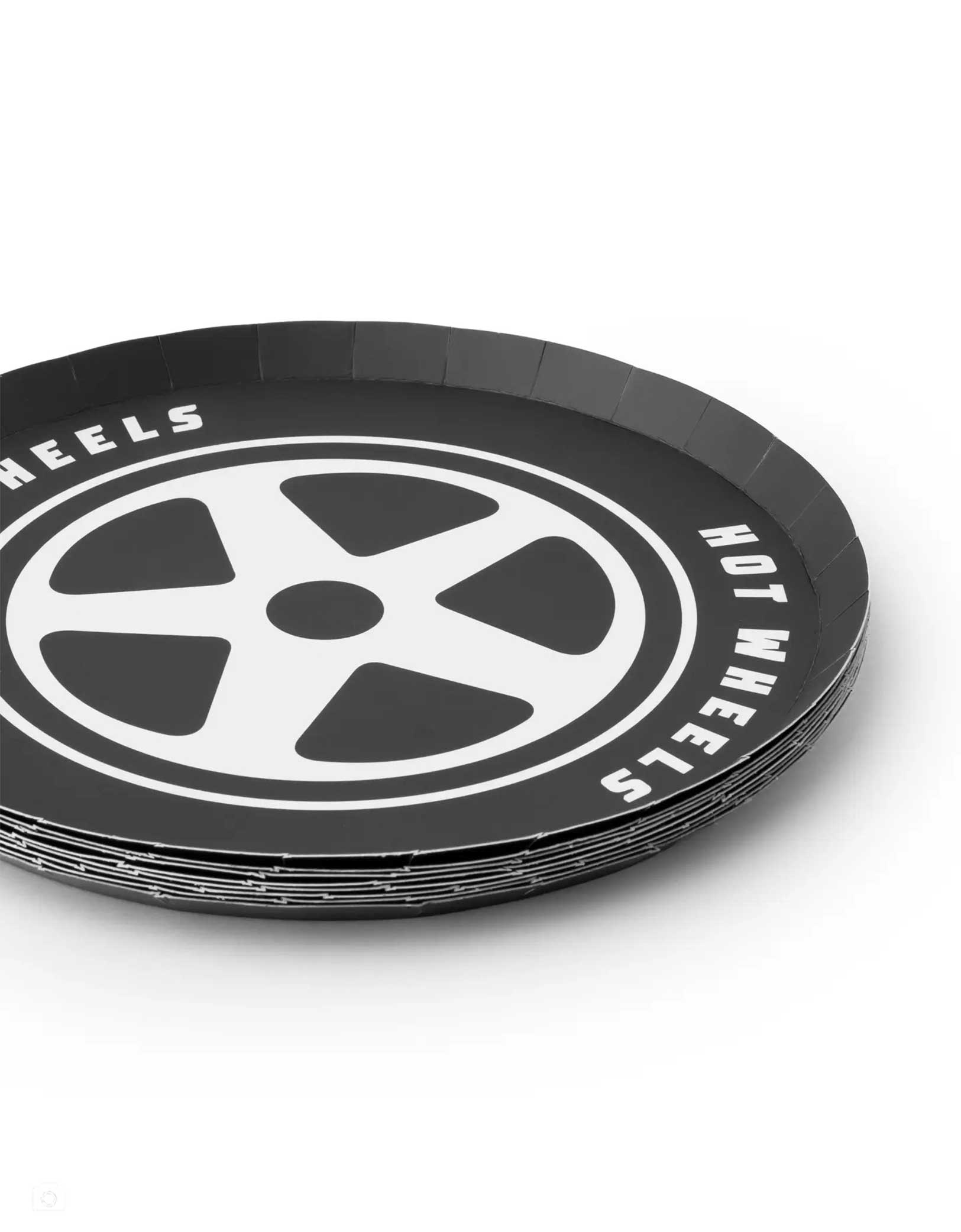 A stack of Momo Party's 8" Black wheel-shaped small plate with 'Hot Wheels' branding on a white background.