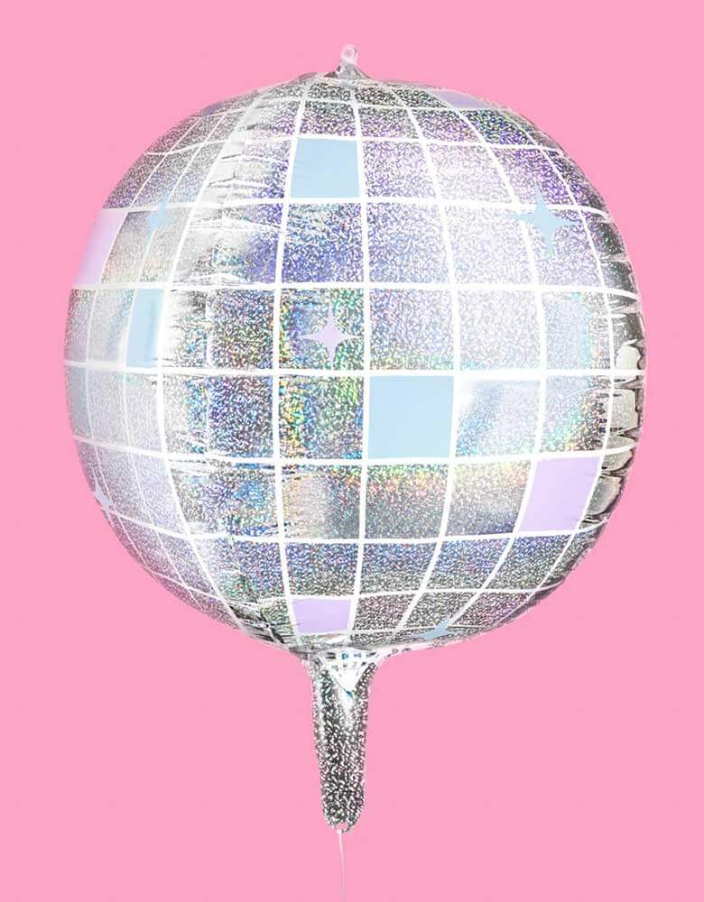 Momo Party's 22" Iridescent Shimmer Disco Ball Foil Balloon by Xo, Fetti. Make the whole place shimmer with this bejeweled disco ball shaped balloon. Perfect for your photo backdrop - this balloon set polishes up real nice. Each set comes with 4 disco ball 22" foil balloons Iridescent, mirrored printed finish balloons include a self-sealing valve, preventing the gas from escaping after it's inflated. The balloon can be inflated with helium to float or with a balloon air inflator.