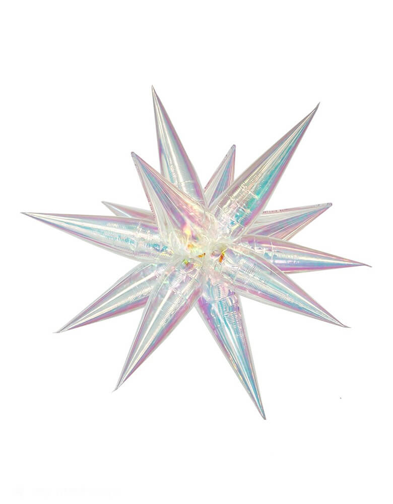 Momo Party's 26" iridescent starburst shaped foil balloon. This jumbo iridescent clear starburst foil balloon is simply a show-stopper for any celebration! Its unique shape is sure to add a glam look to your celebration. This starburst foil balloon can be inflated with air only using a balloon air inflator or hand pump. Add a string to hang the balloon from the ceiling above a party table or dance floor. It's perfect for kid's mermaid, Disney Frozen or unicorn themed birthday parties!