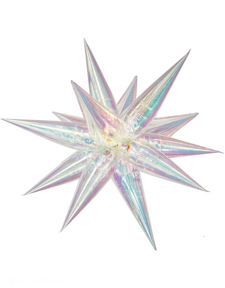 Momo Party's 40" iridescent starburst shaped foil balloon. This giant iridescent clear starburst foil balloon is simply a show-stopper for any celebration! Its unique shape is sure to add a glam look to your celebration. This starburst foil balloon can be inflated with air only using a balloon air inflator or hand pump. Add a string to hang the balloon from the ceiling above a party table or dance floor. It's perfect for kid's mermaid, Disney Frozen or unicorn themed birthday parties!