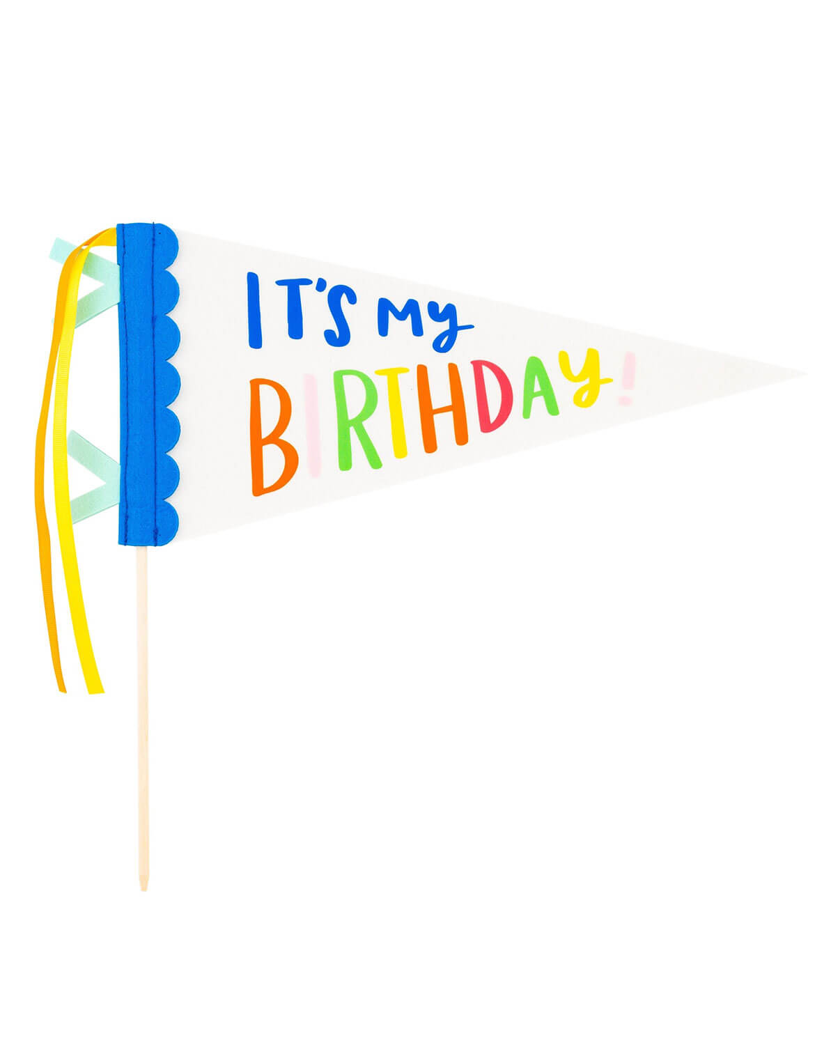 Momo Party'sl triangular felt party pennant flag on a wooden stick with colorful text reading 'It's my BIRTHDAY!' and ribbon ties, shown on a plain white background.
