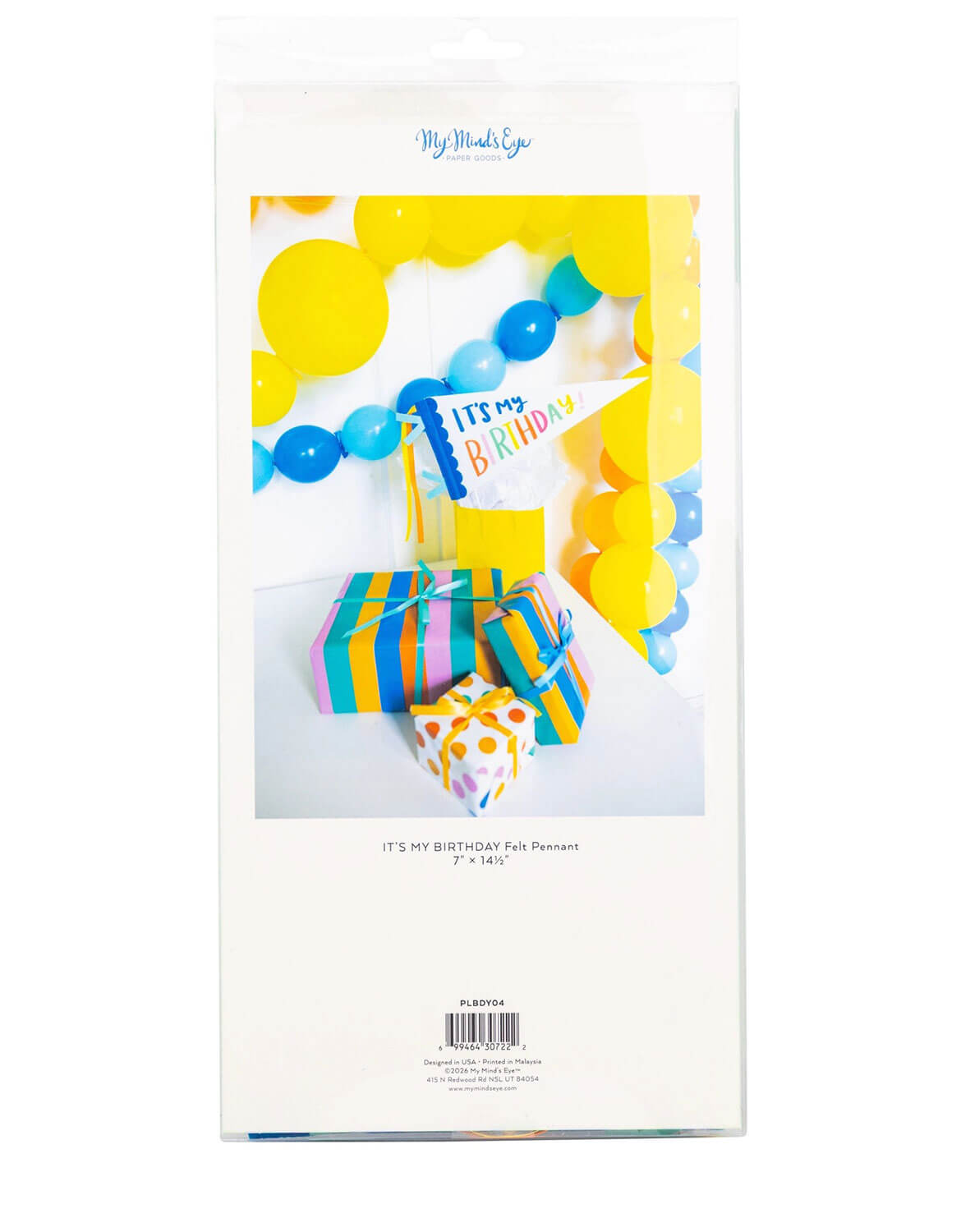 A package of Momo Party's "It's my birthday" felt pennant with a picture of the felt party pennant flag on a wooden stick with colorful text reading 'It's my BIRTHDAY!' and ribbon ties with yellow and blue balloon garland, a yellow bunting banner with 'IT'S MY BIRTHDAY' text, and wrapped gift boxes.