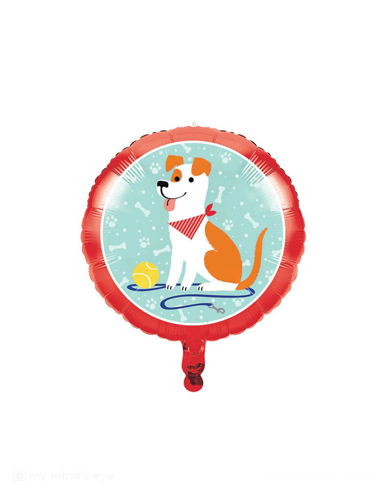 Momo Party's 18" Dog Party Foil Balloon. This 18" foil balloon is perfect for any dog-themed celebration. The balloon features a red border with a light blue background covered in white bones dots and paw prints.