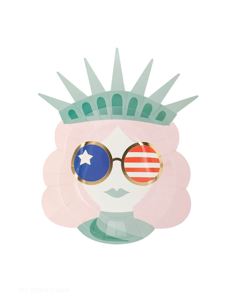 Momo Party's 9" Lady Liberty Sunnies Shaped Paper Plates by My Mind's Eye. With a modern and fun design in soft colors of mint and light pink, these party plates are perfect for a patriotic celebration like a fourth of july party or memorial day bbq gathering with friends and family.