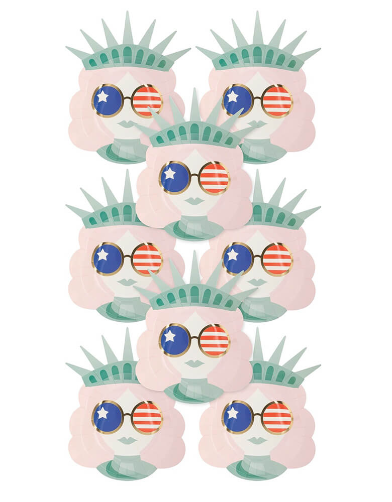 Momo Party's 9" Lady Liberty Sunnies Shaped Paper Plates by My Mind's Eye. Comes in a set of 8 plates, with a modern and fun design in soft colors of mint and light pink, these party plates are perfect for a patriotic celebration like a fourth of july party or memorial day bbq gathering with friends and family.