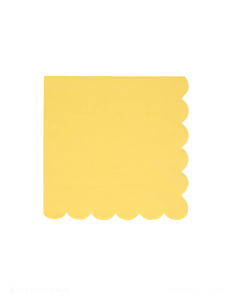 Momo Party's 6.5" x 6.5" lemon sherbet yellow large napkins by Meri Meri. Comes in a set of 16 paper napkins,with the scallop edge, they're perfect to give a summery, happy feel to any party or dinner with family and friends.