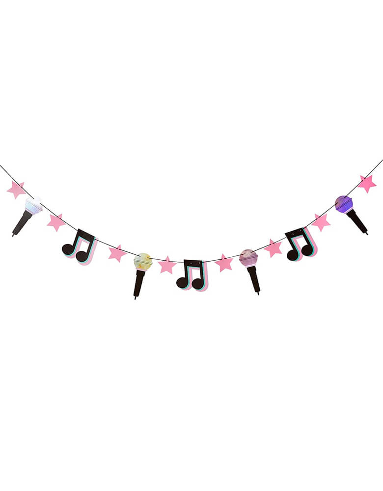 Momo Party's 6.5 ft let's day party banner featuring musical notes, microphone, pink star pennants by Hooty Balloo. This banner is perfect for a teenagers and preteens' dance party, Taylor Swift themed, or TikTok inspired party.