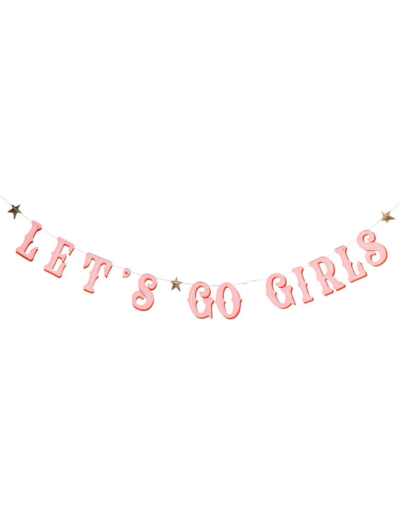 Momo Party's 6.5 ft Let's Go Girls Banner Set by My Mind's Eye. Featuring a fringe banner and a disco cowgirl banner, this set is perfect for adding some fun and flair to any party or event. So gather your girls and let's boogie all night long. This set if perfect for kid's cowgirl themed birthday bashes or a disco cowgirl themed bachelorette party!
