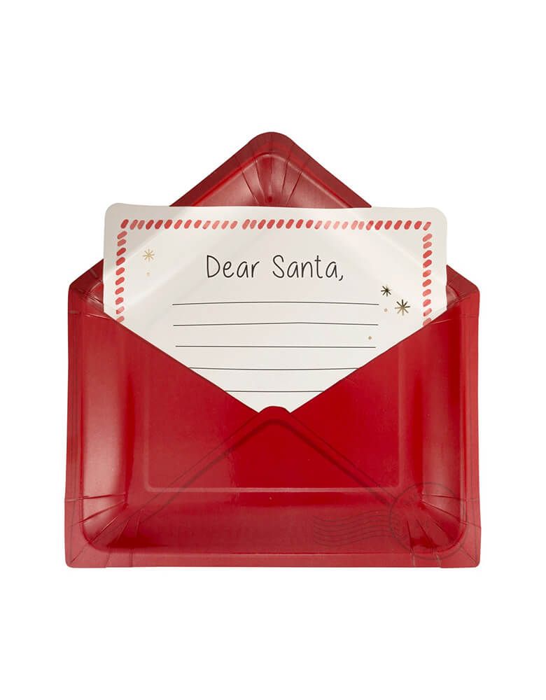 Momo Party's 9.5" x 9" Letter To Santa Shaped Paper Plates by My Mind's Eye. Add a touch of whimsy to your holiday table with these Letter to Santa paper plates depicting a "Dear Santa" letter in an envelope. Comes with a set of 8 paper plates, they are perfect for kids and adults alike, these plates will make every meal feel like a special delivery to the North Pole. Santa-approved design!
