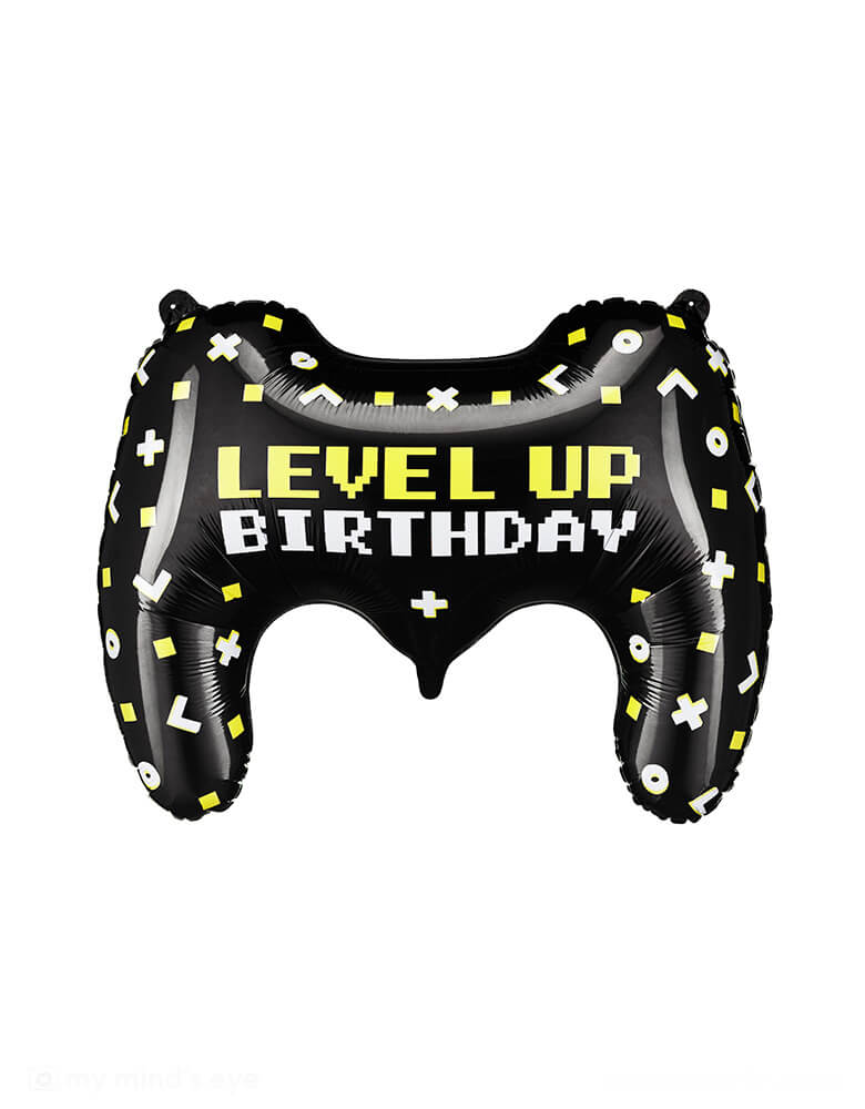 Momo Party's 25.5" x 18" level up video game controller shaped birthday foil balloon. In a classic black color, this controller shaped foil mylar balloon features "LEVEL UP BIRTHDAY" and controller buttons on it, makes it a perfect balloon decoration for kid's video game themed birthday party or gamer's gaming marathons!