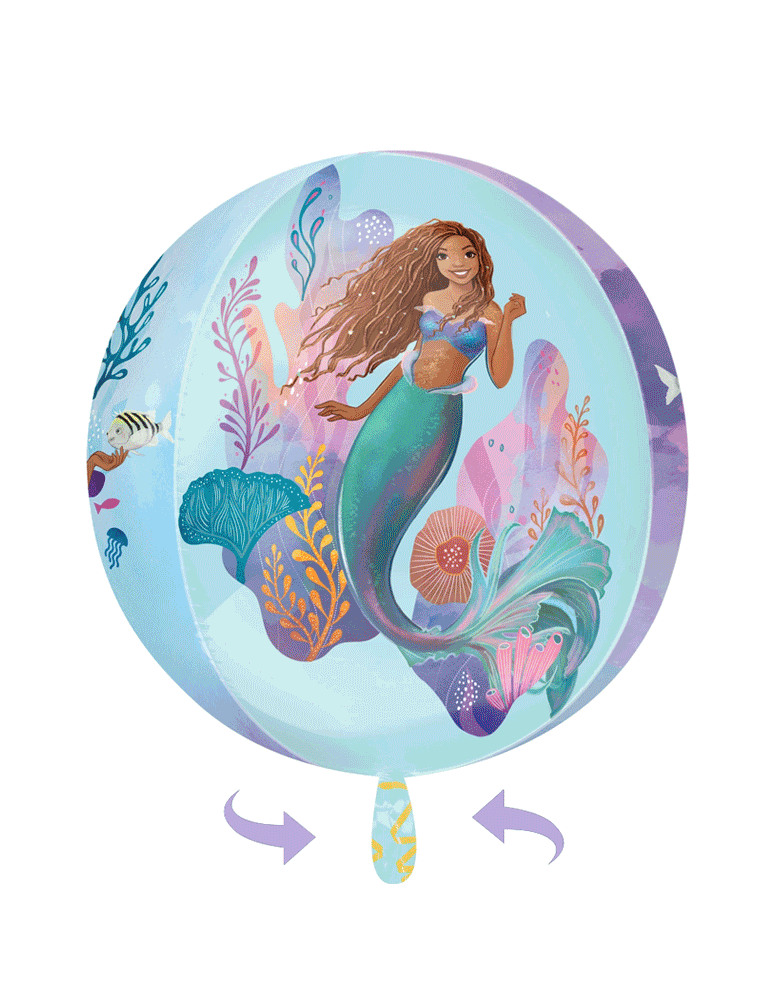 Momo Party's 45527-01 16 inches Little Mermaid Live Action Orbz by Anagram Balloons. Bring your Little Mermaid party to life with this amazing 3D Sphere Little Mermaid Live Action Orbz balloon. This balloon features Ariel, Arista, Queen Athena, Gabriella, Melody, and Ollie and is perfect for using in a Little Mermaid themed balloon bouquet. Pair with some of our other Little Mermaid foil mylar and latex balloons for a great design