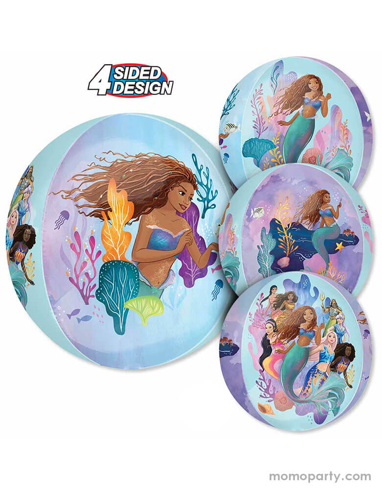 Momo Party's 45527-01 16 inches Little Mermaid Live Action Orbz by Anagram Balloons. Featuring 4 sided design Orbz foil Balloon.  Bring your Little Mermaid party to life with this amazing 3D Sphere Little Mermaid Live Action Orbz balloon. This balloon features Ariel, Arista, Queen Athena, Gabriella, Melody, and Ollie and is perfect for using in a Little Mermaid themed balloon bouquet. Pair with some of our other Little Mermaid foil mylar and latex balloons for a great design