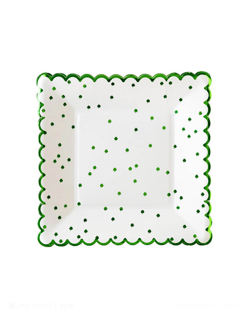 Momo Party's 8" x 8" Little Shamrocks Paper Plates by My Mind's Eye. Comes in a set of 8 plates, these green foil scallop edged plates with little shamrock pattern on them are perfect for a festive and stylish St. Patrick's Day party celebration. 